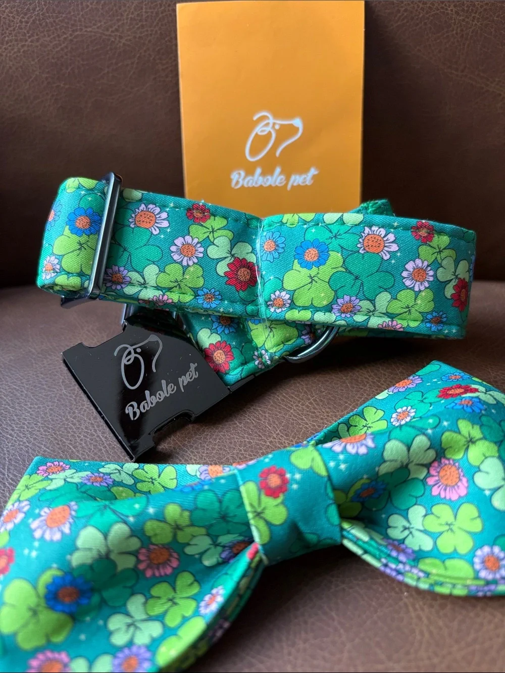 Green Clover Pattern Adjustable Dog Collar with Removable Bow